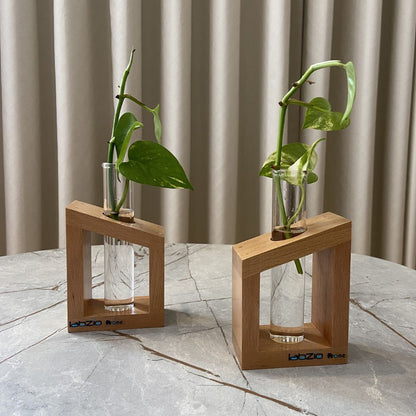 Labzio Home - Flower Vase in a Artistic Wooden Stand with 3.3 borosilicate glass tube, Pack of 1