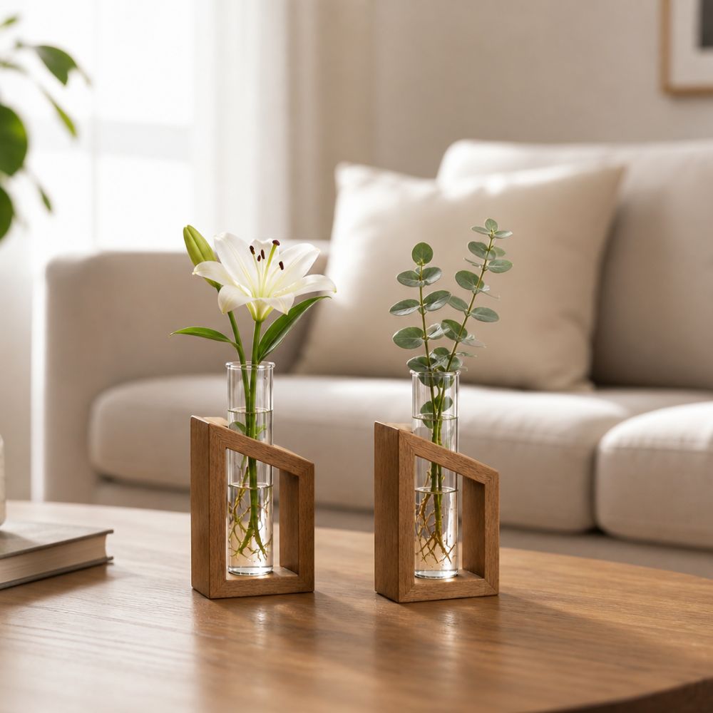 Labzio Home - Flower Vase in a Artistic Wooden Stand with 3.3 borosilicate glass tube, Pack of 1