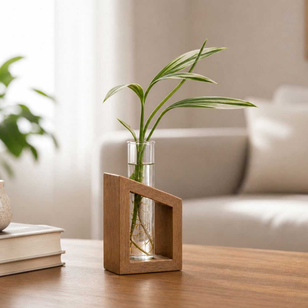 Labzio Home - Flower Vase in a Artistic Wooden Stand with 3.3 borosilicate glass tube, Pack of 1