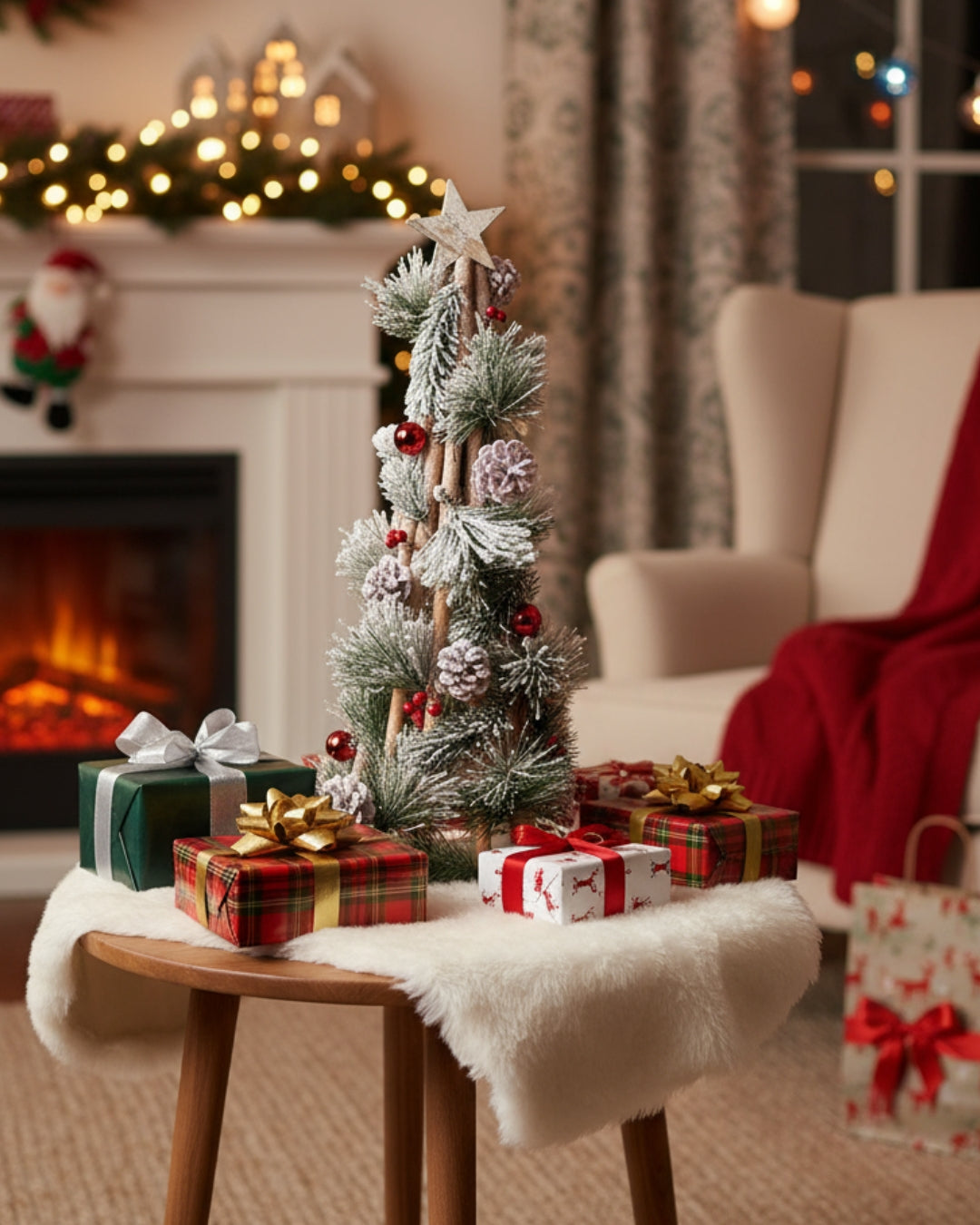 LABZIO Snow Frosted Christmas Tree - 57 CM Elegant Tabletop Decor with Pinecones, Red Berries, and Wooden Frame - Perfect for Holiday Tree Display in Home, Office, or Party