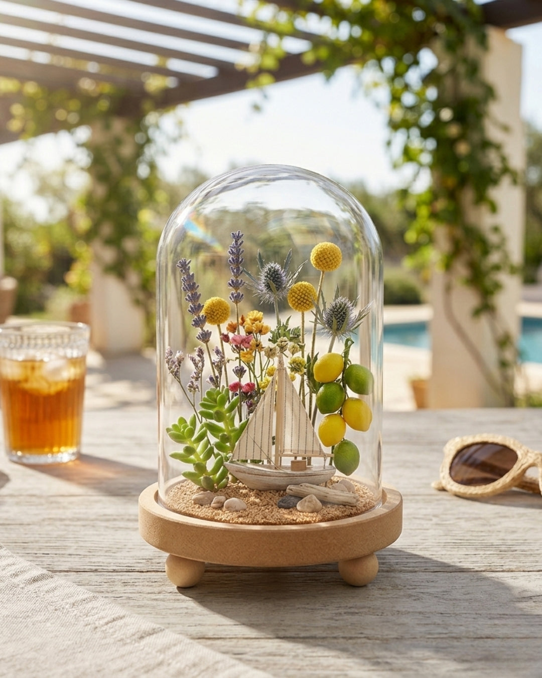 LABZIO Decorative Clear Borosilicate Glass Bell Jar with Round Lacquered Wood Base and Wooden Feet, Elegant Tabletop Display Case for Home Decor, Centerpiece, Office, Living Room, Unique Glass Jar Display