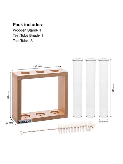 Flower vase with 3 Hand Blown Borosilicate glass test tubes in a Stylish Wooden stand to decorate home and work spaces