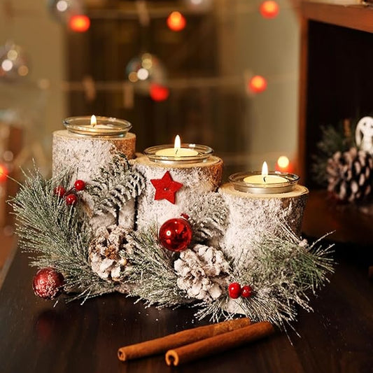 LABZIO Rustic Log-Style Christmas Tree Candle Holder - Snow Frosted Pinecones, Red Baubles & Star Accent - Triple Glass Jar Centerpiece for Tea Lights - Holiday Table Decor