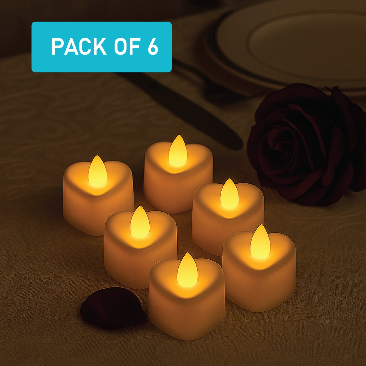 LABZIO Flameless LED Heart-Shaped Tea Light Candles |Compact Decorative Flickering Diya Lights 4 cm Width × 2 cm Height | Ideal for Pooja Diwali, Temple, Balcony & Room Décor|Plastic Build | Pack of 6