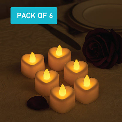 LABZIO Flameless LED Heart-Shaped Tea Light Candles |Compact Decorative Flickering Diya Lights 4 cm Width × 2 cm Height | Ideal for Pooja Diwali, Temple, Balcony & Room Décor|Plastic Build | Pack of 6