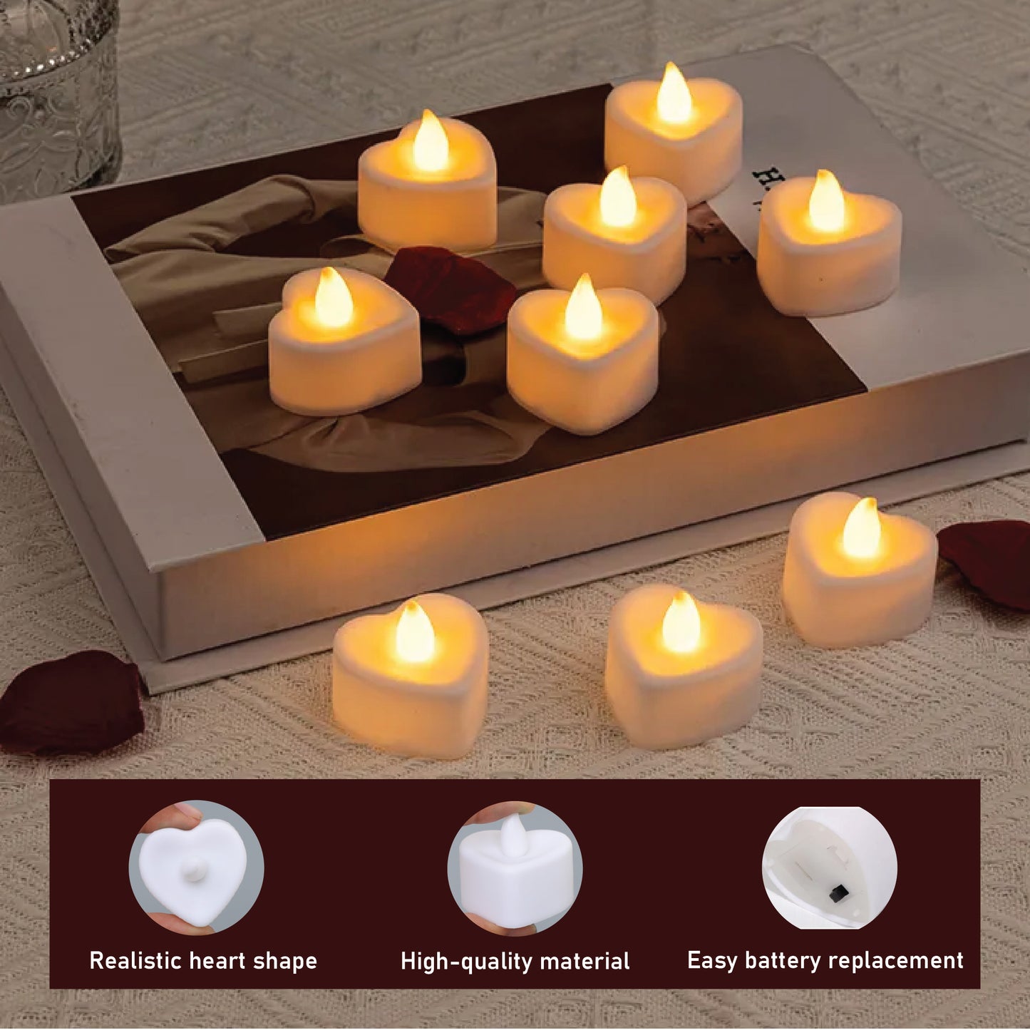 LABZIO Flameless LED Heart-Shaped Tea Light Candles |Compact Decorative Flickering Diya Lights 4 cm Width × 2 cm Height | Ideal for Pooja Diwali, Temple, Balcony & Room Décor|Plastic Build | Pack of 6