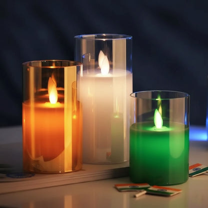 LABZIO Set of 3 Real Wax LED Flameless Pillar Candles with Flickering Amber Glass Effect, Color Changing & Remote Controller, Golden Acrylic Fiber Glass, for Christmas Home Decor & Festive Ambiance