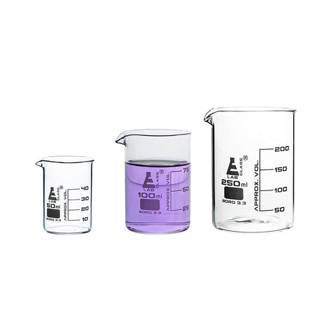 Beaker - 50 ml, 100 ml & 250 ml, Low Form, Borosilicate Glass 3.3, Graduated as per DIN 12231, ISO 3819 - Pack of 3