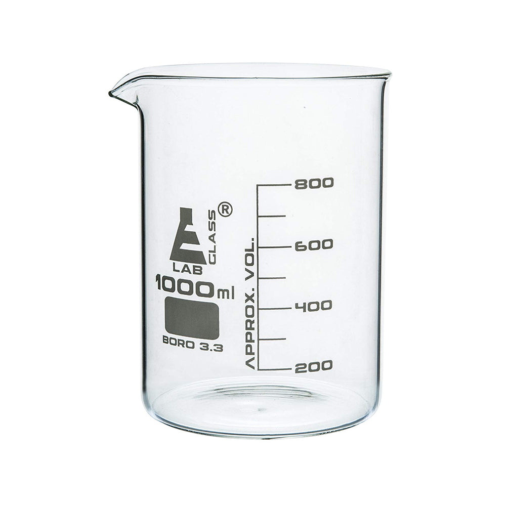 Beaker, 1000 ml, Low Form, Borosilicate Glass, Graduated as Per DIN 12231, ISO 3819, Pack of 6