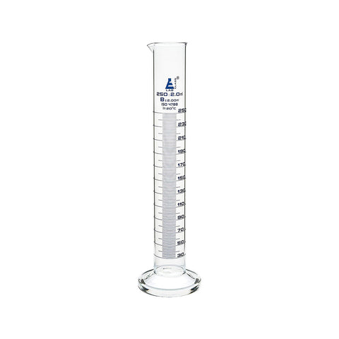 Measuring Cylinder 250 ml Graduated Class-B Round Base with Spout Borosilicate Glass 3.3 Blue Graduations Pack of 2