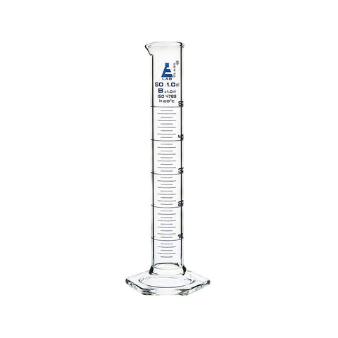Measuring Cylinder, 50 ml, Graduated, Class-B, Hexagonal Base with Spout, Borosilicate Glass 3.3, White Graduations, Pack of 2