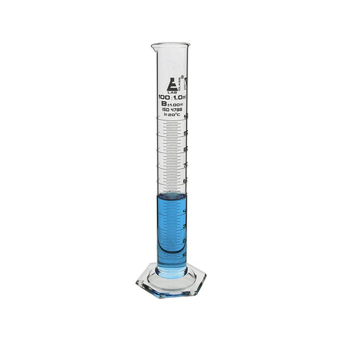 Measuring Cylinder, 100 ml, Graduated, Class-B, Hexagonal Base with Spout, Borosilicate Glass 3.3, White Graduations, Pack of 2