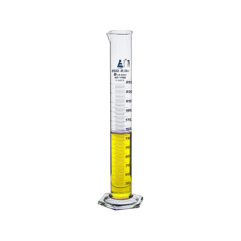 Measuring Cylinder, 250 ml, Graduated, Class-B, Hexagonal Base with Spout, Borosilicate Glass 3.3, White Graduations, Pack of 2