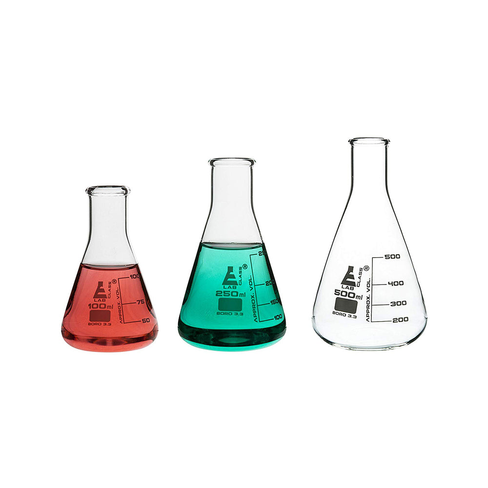 Conical Flask, Erlenmeyer, Narrow Neck, 100 ml, 250 ml & 500 ml, Made of Borosilicate Glass 3.3, Graduated, Pack of 3