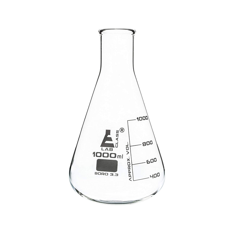 1000 ml Conical Flask, Erlenmeyer, Narrow Neck, 3.3 Borosilicate Glass, Pack of 6
