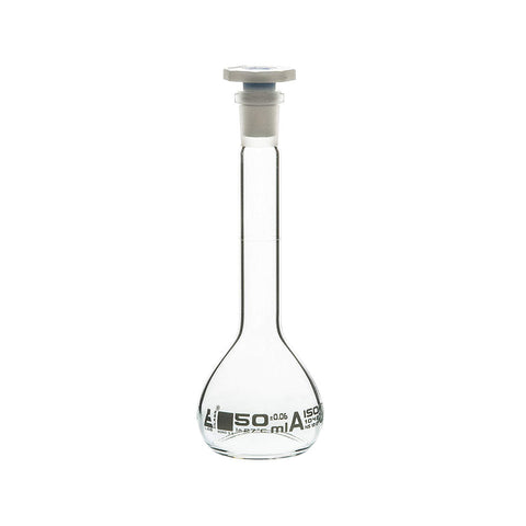 Volumetric Flask, NABL Certified, with Polypropylene Stopper, Made of Borosilicate Glass 3.3, Class-A, 50 ml with Calibration Certificate