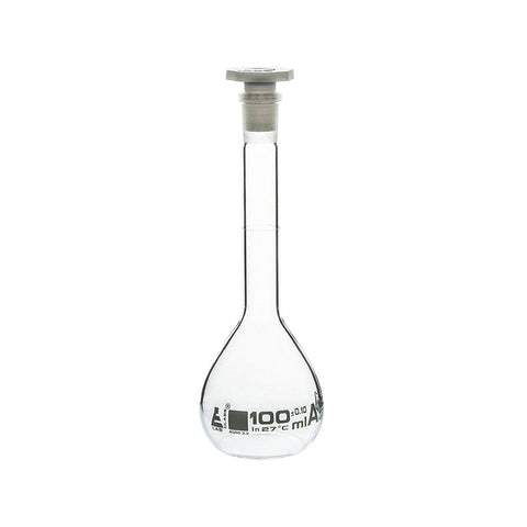 Volumetric Flask, NABL Certified, with Polypropylene Stopper, Made of Borosilicate Glass 3.3, Class-A, 100 ml with Calibration Certificate