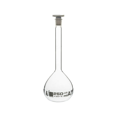 Volumetric Flask, NABL Certified, with Polypropylene Stopper, Made of Borosilicate Glass 3.3, Class-A, 250 ml with Calibration Certificate