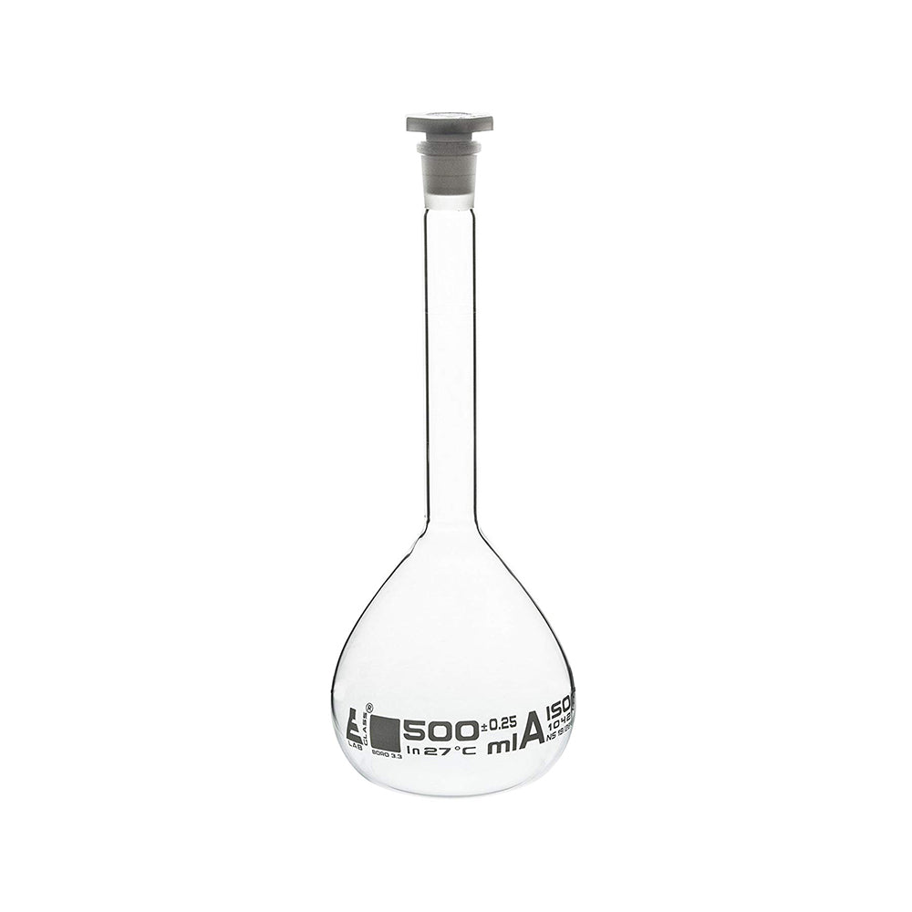 Volumetric Flask, NABL Certified, with Polypropylene Stopper, Made of Borosilicate Glass 3.3, Class-A, 500 ml with Calibration Certificate