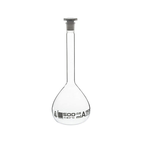 Volumetric Flask, NABL Certified, with Polypropylene Stopper, Made of Borosilicate Glass 3.3, Class-A, 500 ml with Calibration Certificate