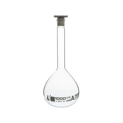 Volumetric Flask, NABL Certified, with Polypropylene Stopper, Made of Borosilicate Glass 3.3, Class-A, 1000 ml with Calibration Certificate