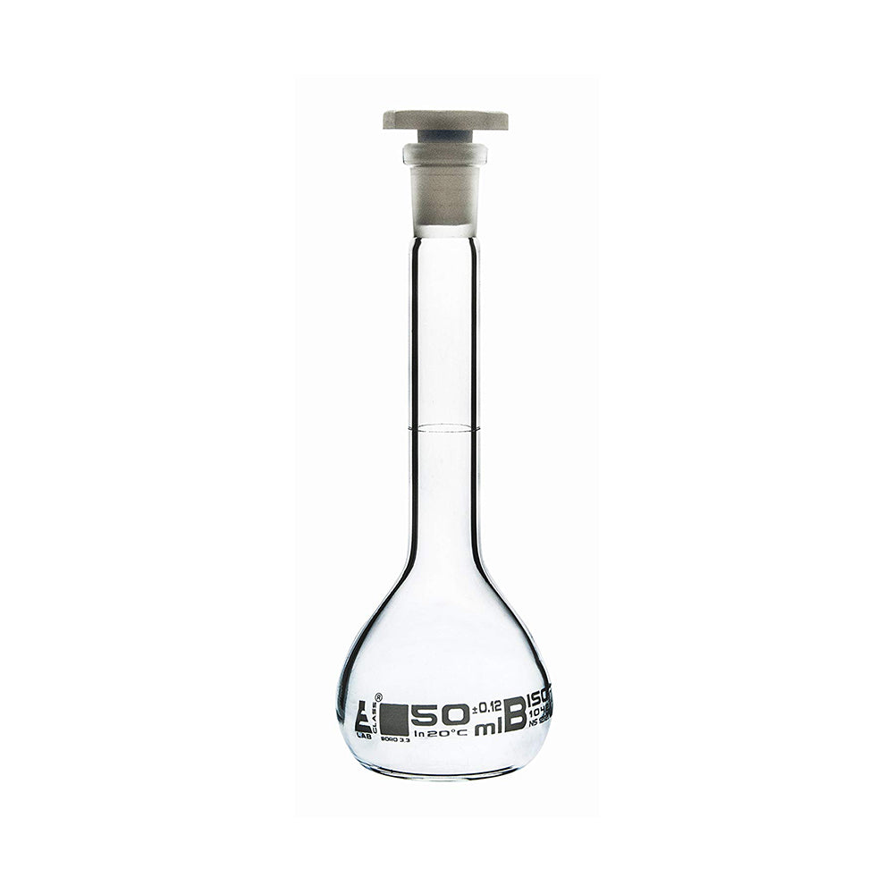 Volumetric Flask, 50 ml, Class, B, with Polypropylene Stopper, Socket Size-12/21, Made of Borosilicate Glass 3.3, Pack of 2
