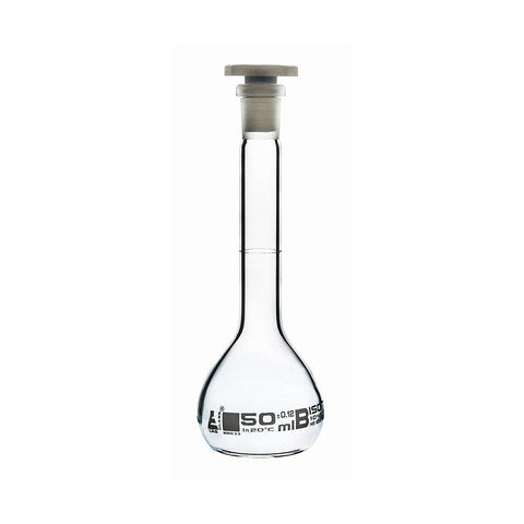 Volumetric Flask, 50 ml, Class, B, with Polypropylene Stopper, Socket Size-12/21, Made of Borosilicate Glass 3.3, Pack of 2