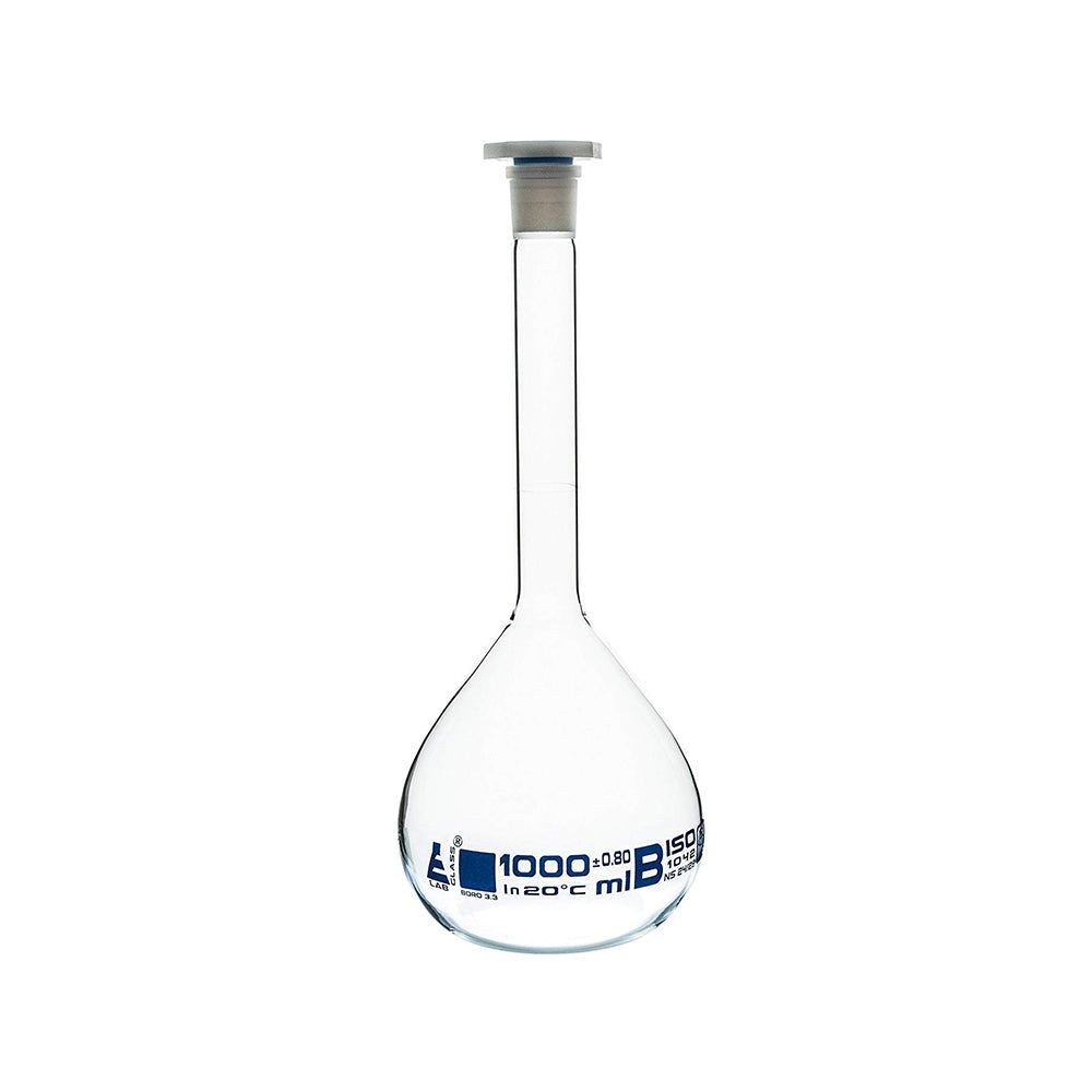 Volumetric Flask 1000 ml Class B with Polypropylene Stopper Socket Size-24/29 Made of Borosilicate Glass 3.3 Pack of 2