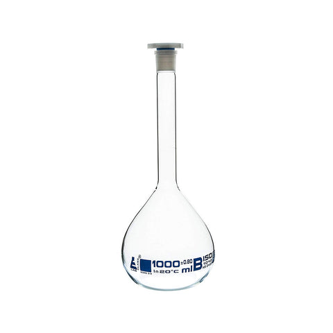 Volumetric Flask 1000 ml Class B with Polypropylene Stopper Socket Size-24/29 Made of Borosilicate Glass 3.3 Pack of 2