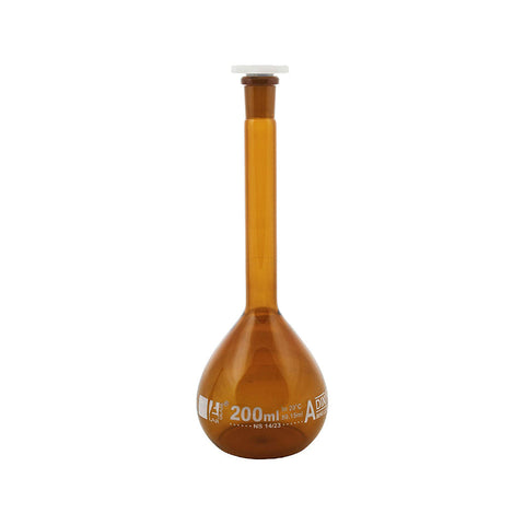 Amber Volumetric Flask, 200 ml, Class-A, with Polypropylene Stopper, Socket Size-14/23, Made of Borosilicate Glass 3.3, Pack of 2