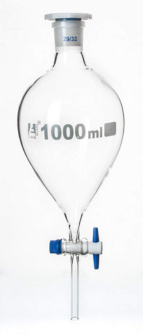 Separating Funnel - Squibb - 1000 ml with PTFE Key Stopcock, Made of Borosilicate Glass 3.3, Laboratory Grade Funnel, Pack of 2