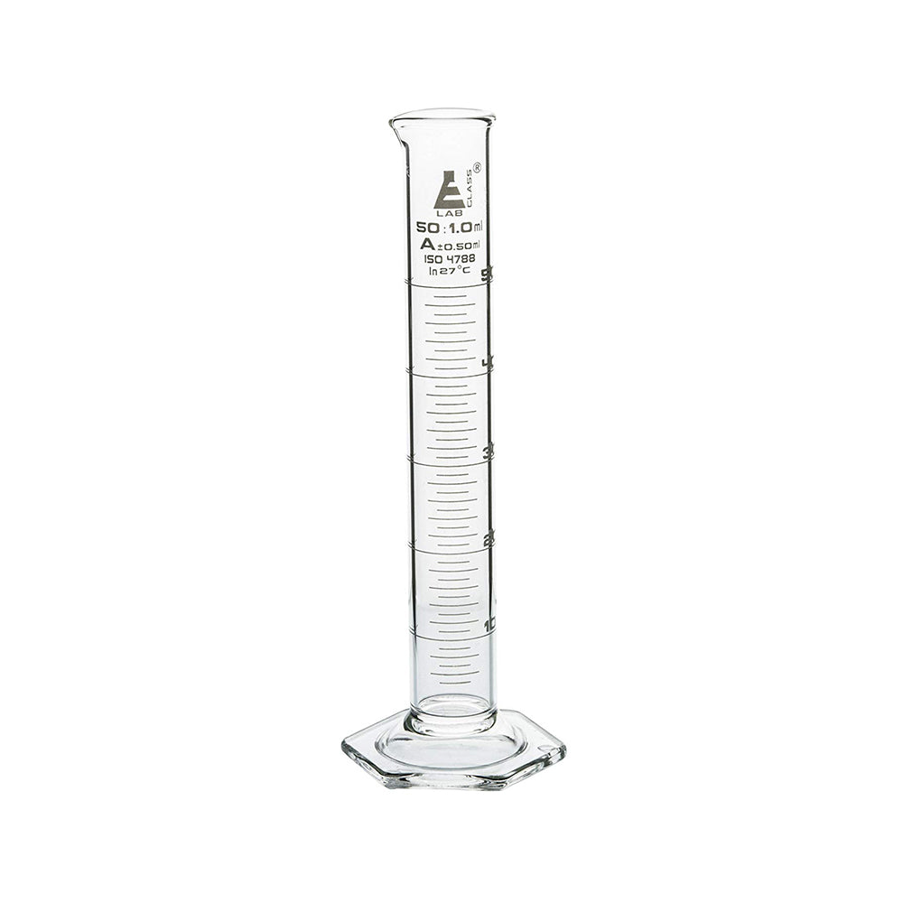 Measuring Cylinder, 50 ml, Graduated, Class-A, Hexagonal Base with Spout, Borosilicate Glass, White Graduations, Pack of 2