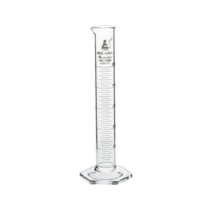 Measuring Cylinder, 50 ml, Graduated, Class-A, Hexagonal Base with Spout, Borosilicate Glass, White Graduations, Pack of 2