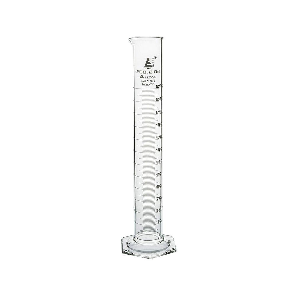 Measuring Cylinder, 250 ml, Graduated, Class-A, Hexagonal Base with Spout, Borosilicate Glass, White Graduations, Pack of 2