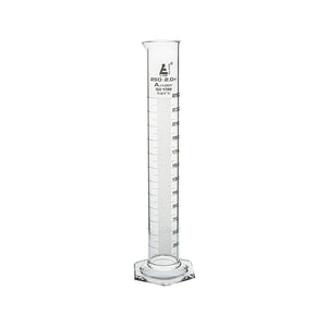 Measuring Cylinder, 250 ml, Graduated, Class-A, Hexagonal Base with Spout, Borosilicate Glass, White Graduations, Pack of 2