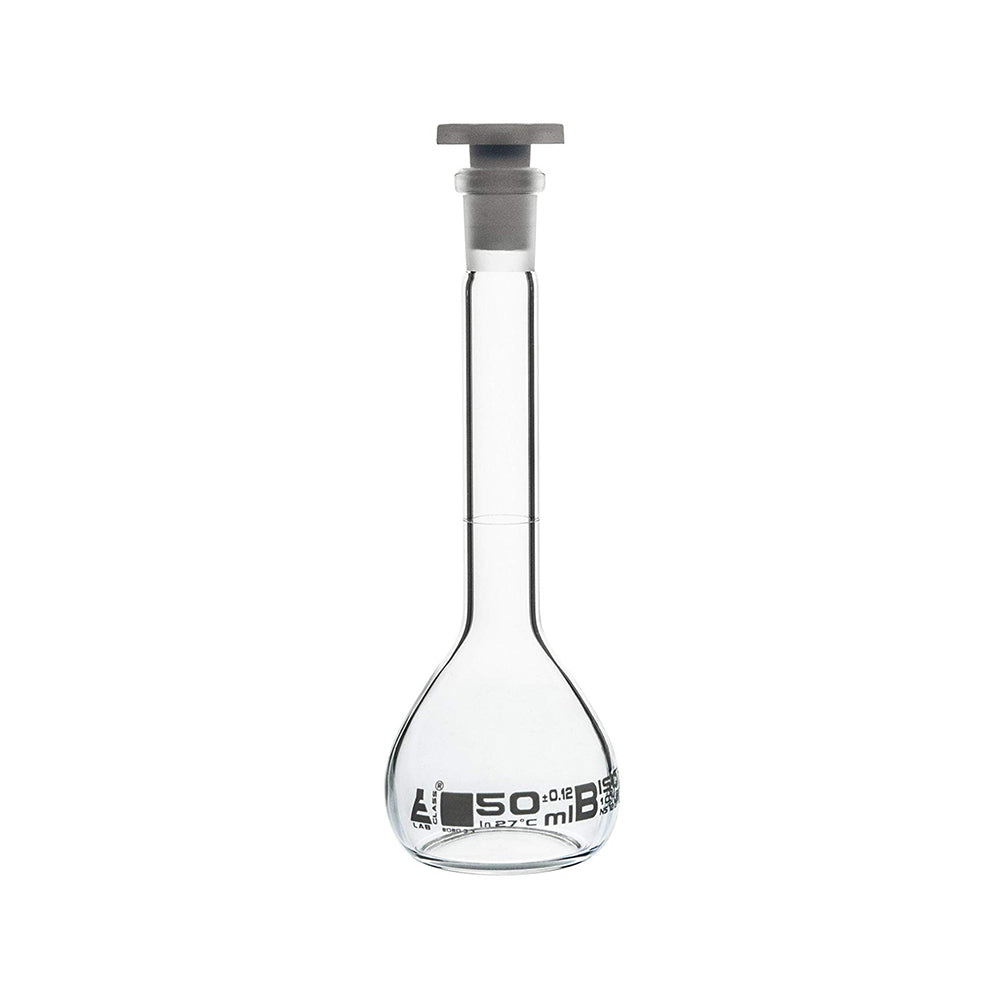 Volumetric Flask, 50 ml, Class, B, with Polypropylene Stopper, Socket Size, 12/21, Borosilicate Glass, Pack of 2