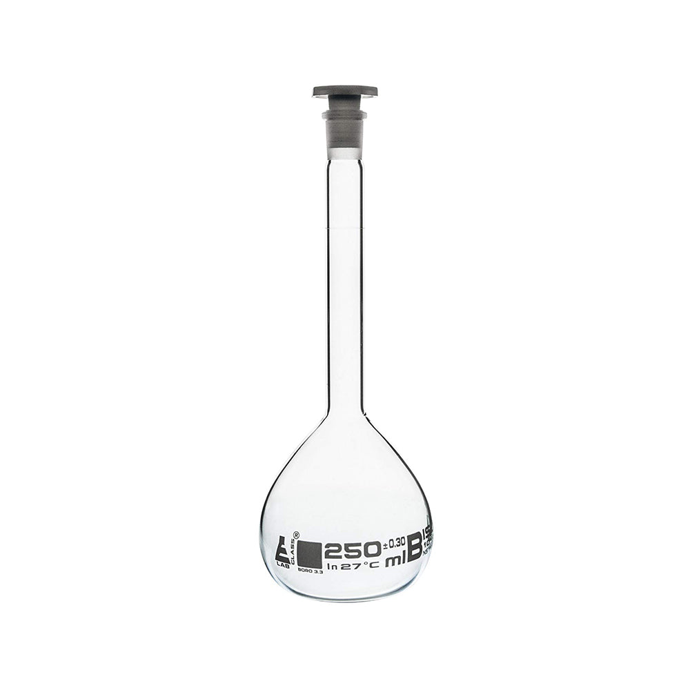Volumetric Flask, 250 ml, Class, B, with Polypropylene Stopper, Socket Size, 14/23, Borosilicate Glass, Pack of 2