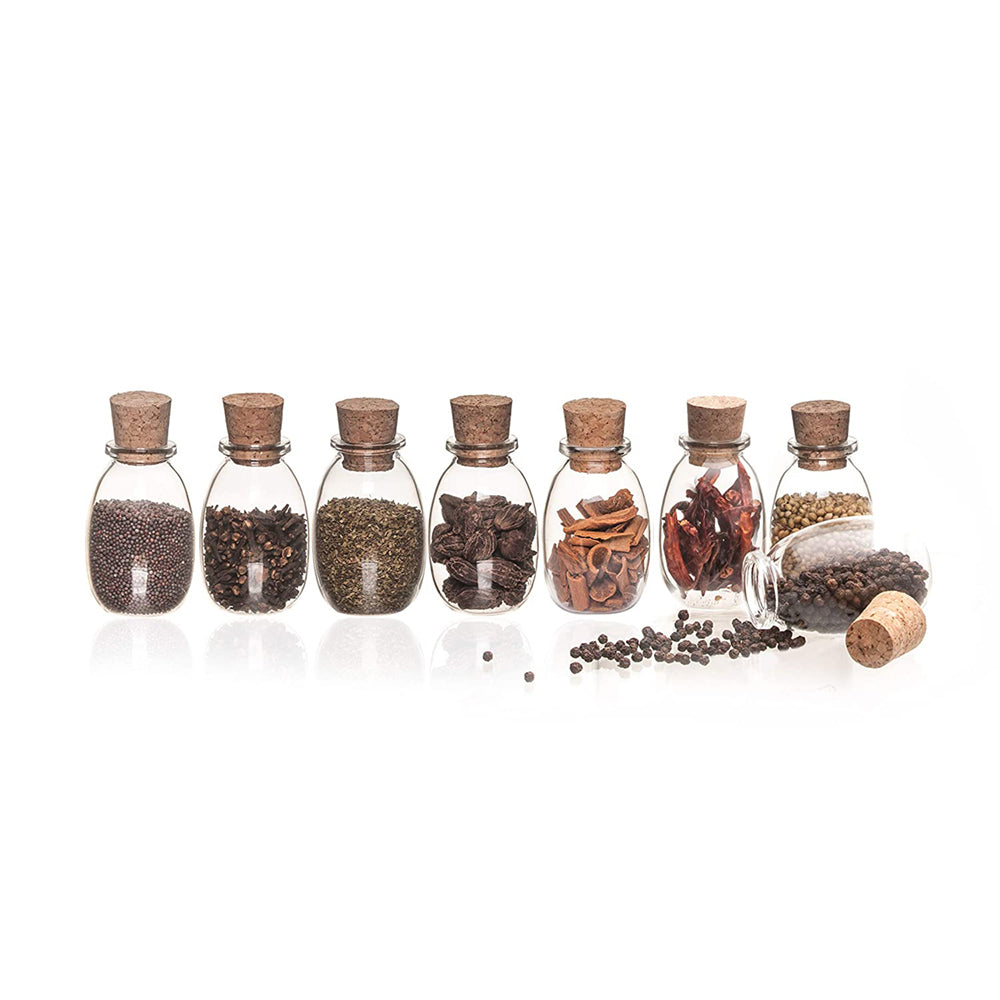 Reusable borosilicate glass spice jars with cork stoppers, Ideal for DIY crafts, party favors, dry fruit gifting, home- honey, chutney, pot, bottles, pack of 8(110 ml each), Includes a funnel (80mm)