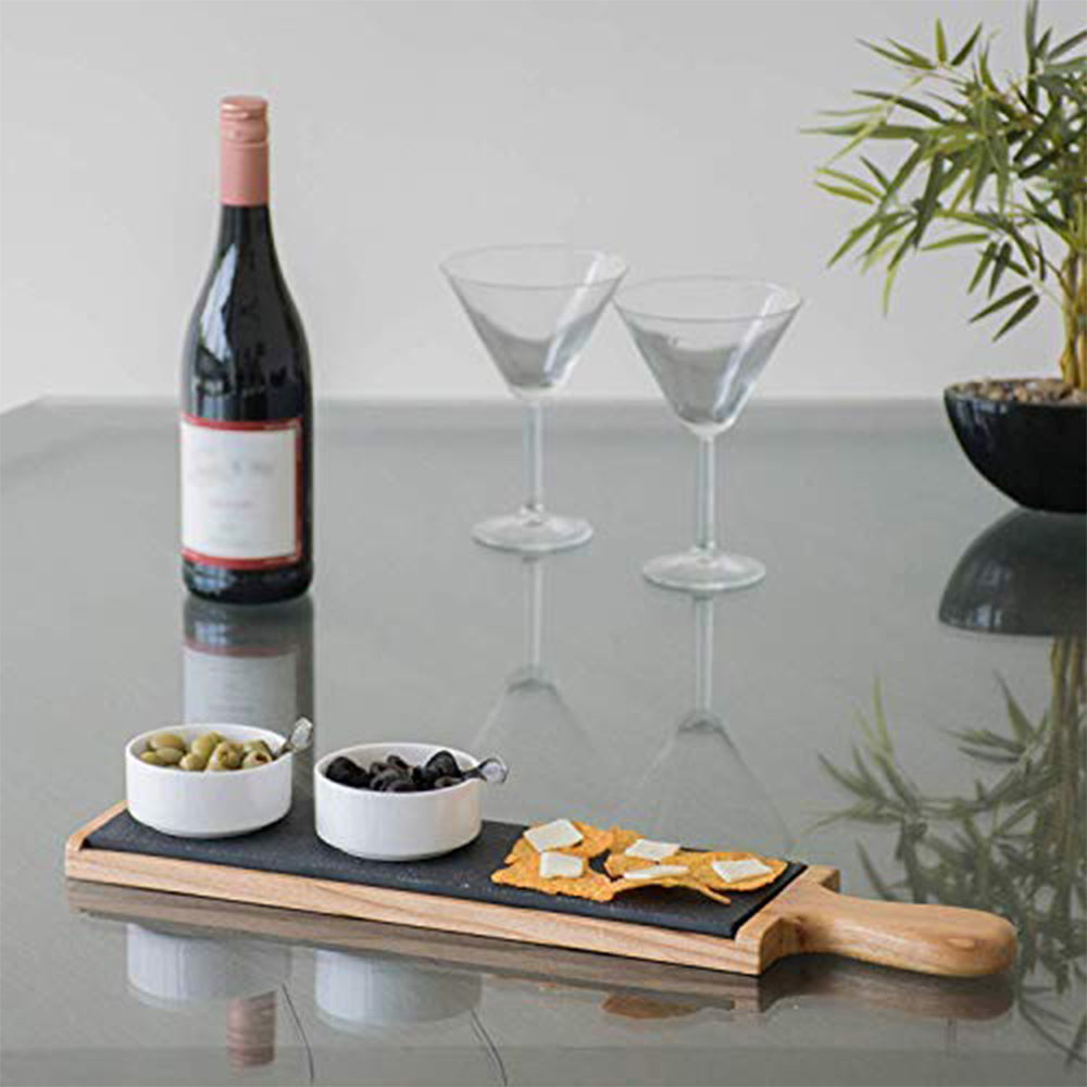 Stylish serving platter made from handcrafted wood and natural black slate stone for snacks or pastries / elegant cheese board/modern dip tray for homes and cafes